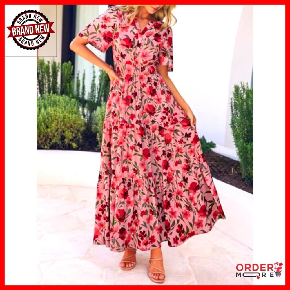 Floral Boho Maxi Dress V-Neck Short Sleeve A-Line Casual Beach Vacation - Picture 2 of 7